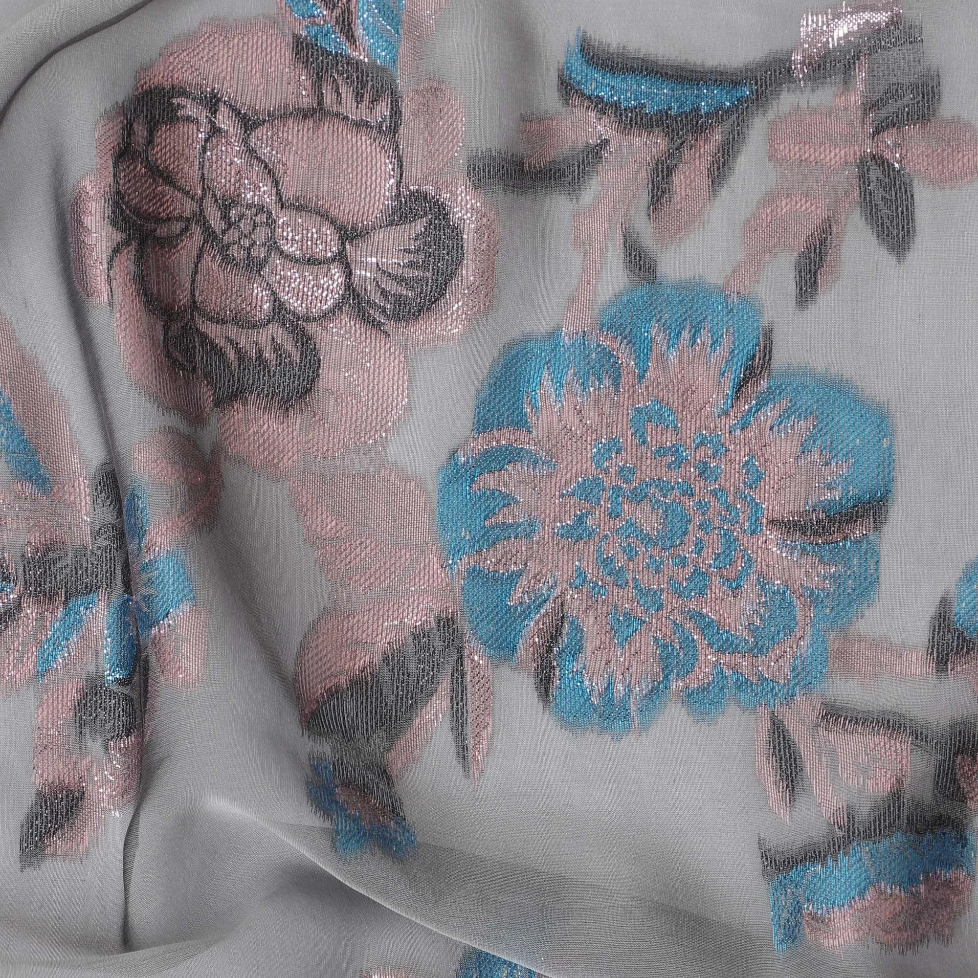 Coin grey premium pure silk chiffon fabric with copper and blue metallic lurex in floral design-D13728