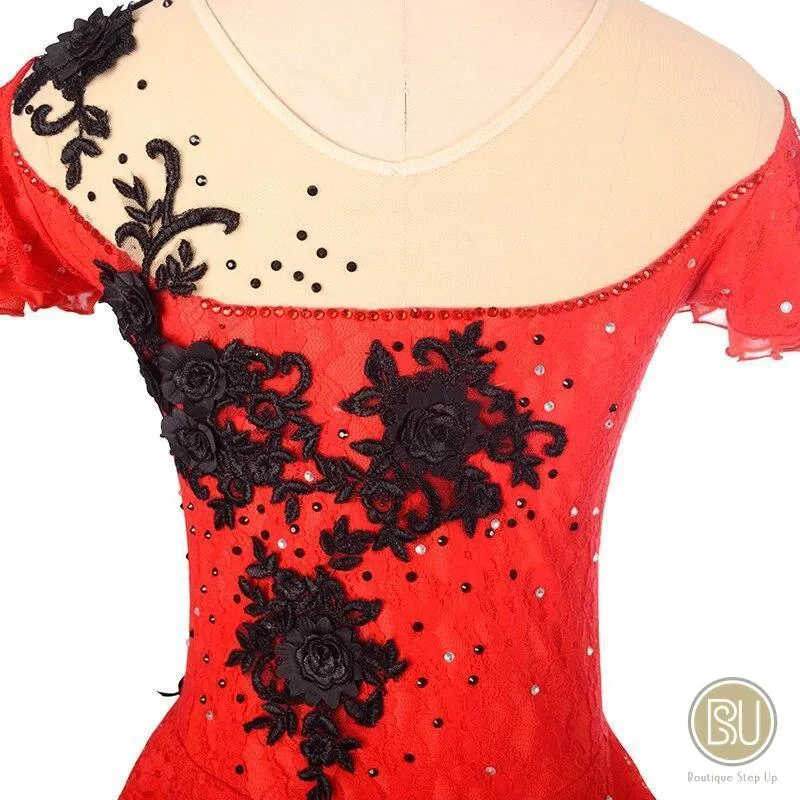 Competition Skating Dress Spanish Theme Red Lace Black Flower Appliques Short Sleeves