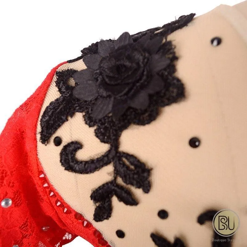 Competition Skating Dress Spanish Theme Red Lace Black Flower Appliques Short Sleeves