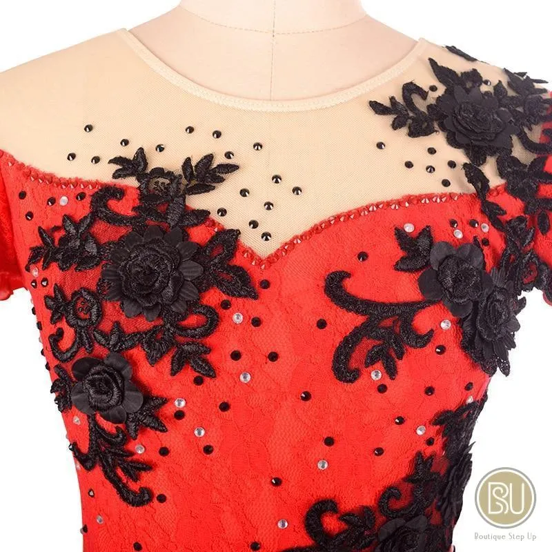 Competition Skating Dress Spanish Theme Red Lace Black Flower Appliques Short Sleeves