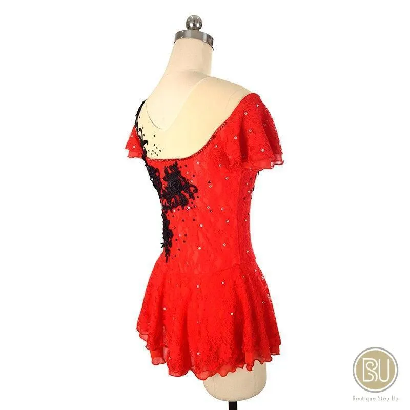 Competition Skating Dress Spanish Theme Red Lace Black Flower Appliques Short Sleeves