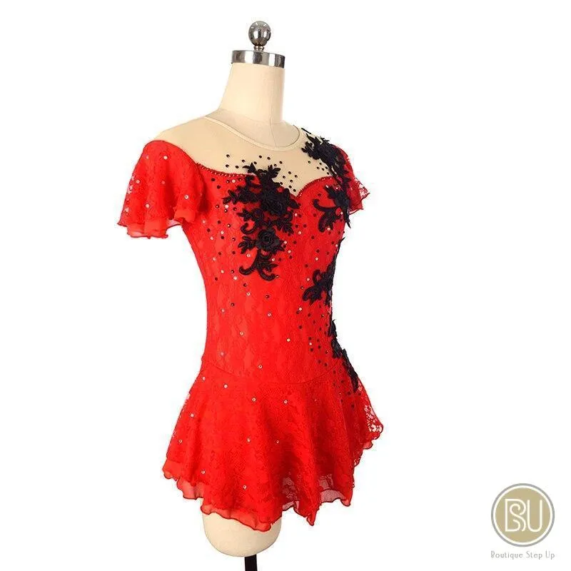 Competition Skating Dress Spanish Theme Red Lace Black Flower Appliques Short Sleeves