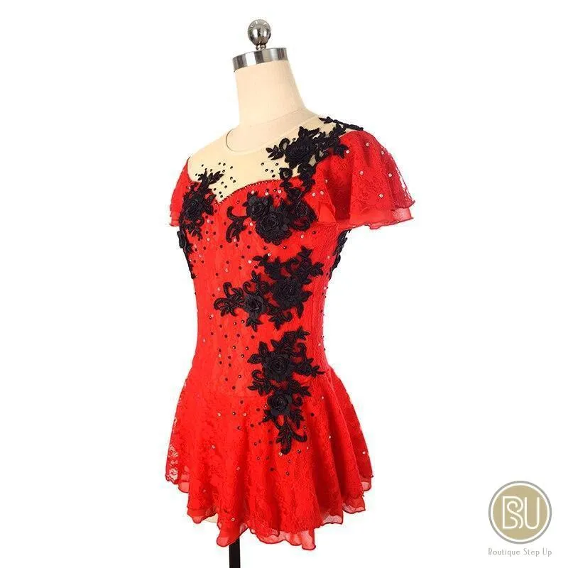 Competition Skating Dress Spanish Theme Red Lace Black Flower Appliques Short Sleeves