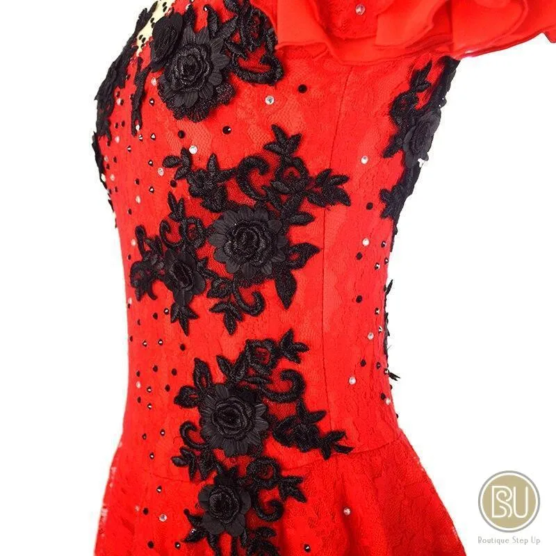 Competition Skating Dress Spanish Theme Red Lace Black Flower Appliques Short Sleeves