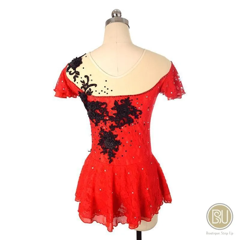 Competition Skating Dress Spanish Theme Red Lace Black Flower Appliques Short Sleeves