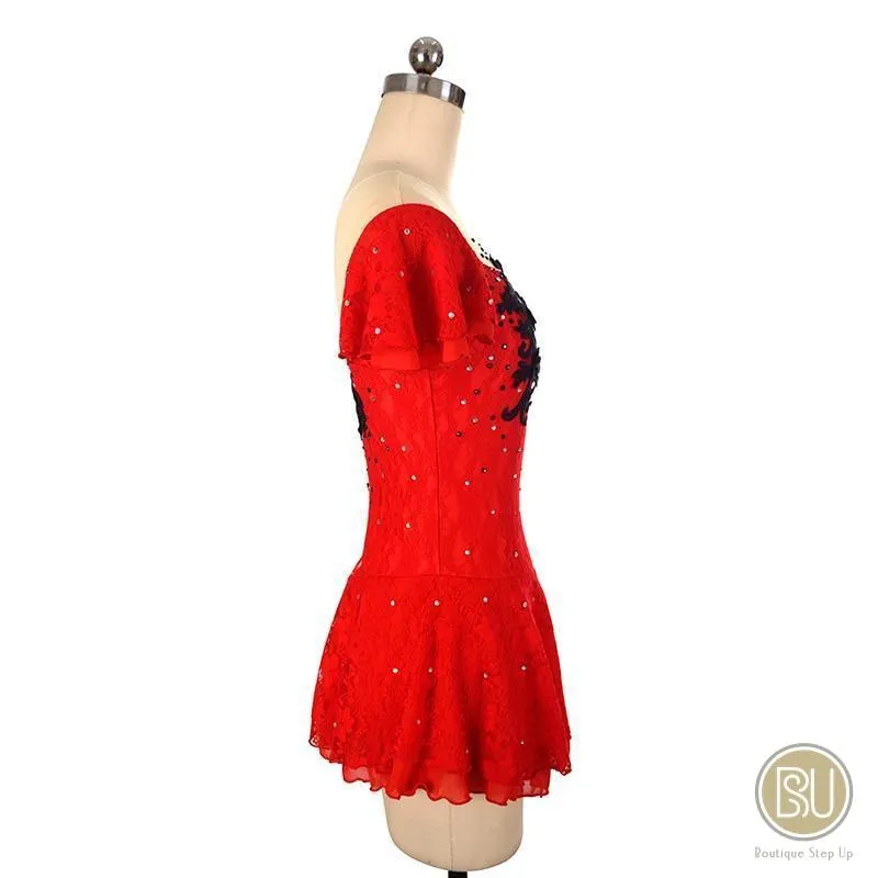 Competition Skating Dress Spanish Theme Red Lace Black Flower Appliques Short Sleeves