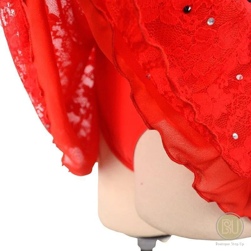 Competition Skating Dress Spanish Theme Red Lace Black Flower Appliques Short Sleeves