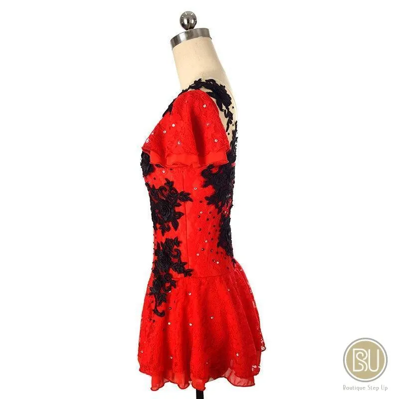 Competition Skating Dress Spanish Theme Red Lace Black Flower Appliques Short Sleeves