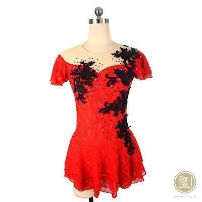 Competition Skating Dress Spanish Theme Red Lace Black Flower Appliques Short Sleeves