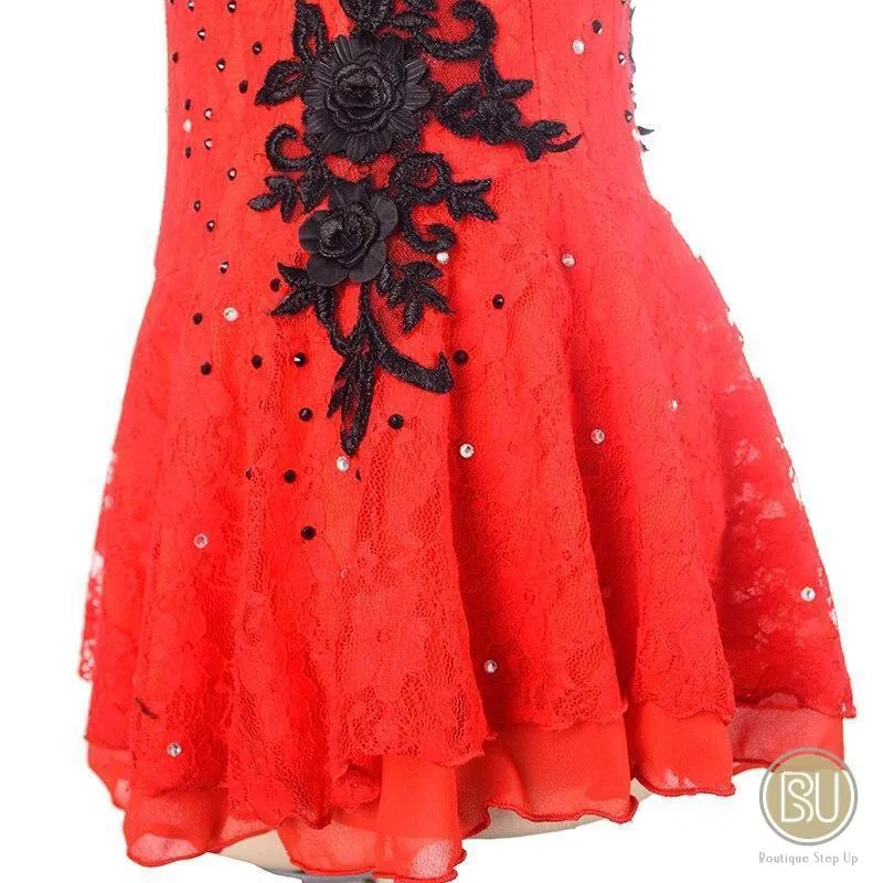 Competition Skating Dress Spanish Theme Red Lace Black Flower Appliques Short Sleeves