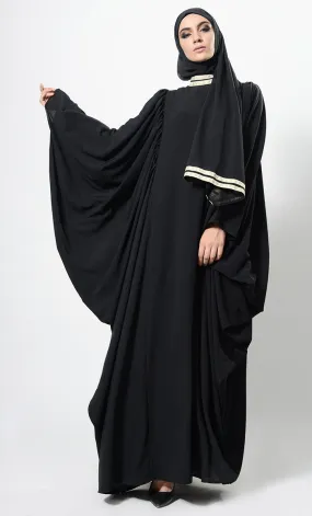 Contrast Lace Work Cowl Sleeves Abaya Dress And Hijab Set - Final sale