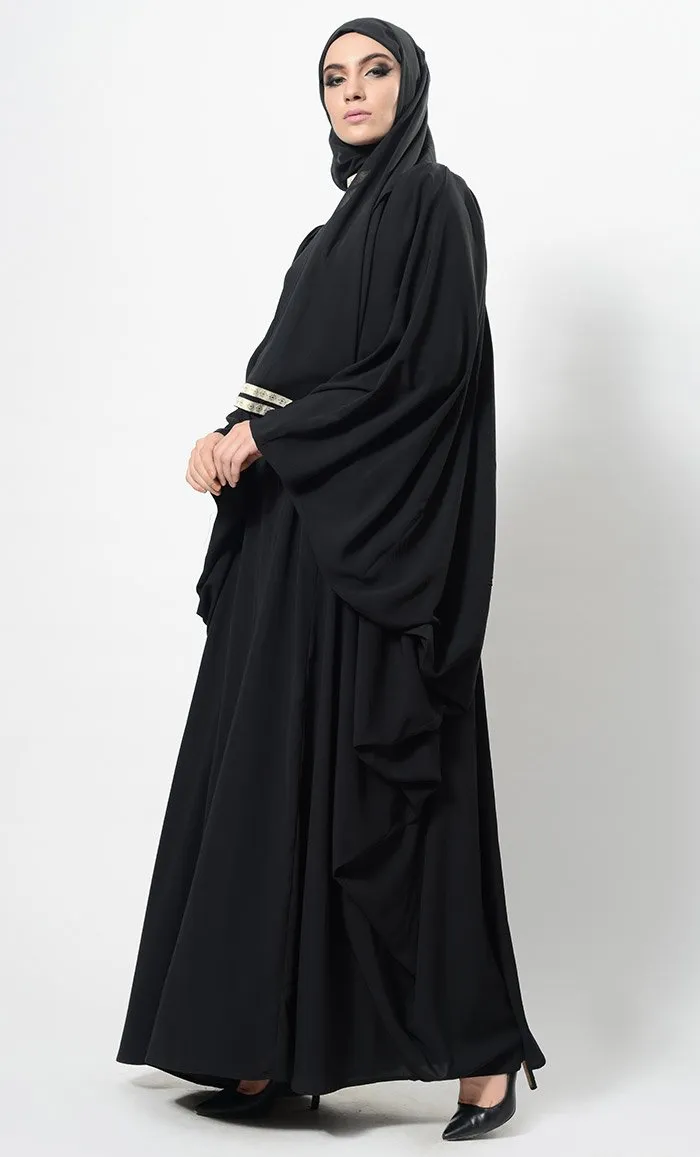 Contrast Lace Work Cowl Sleeves Abaya Dress And Hijab Set