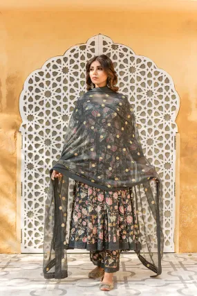 Cotton Grey Floral Print Anarkali Suit Set with Embroidered Dupatta