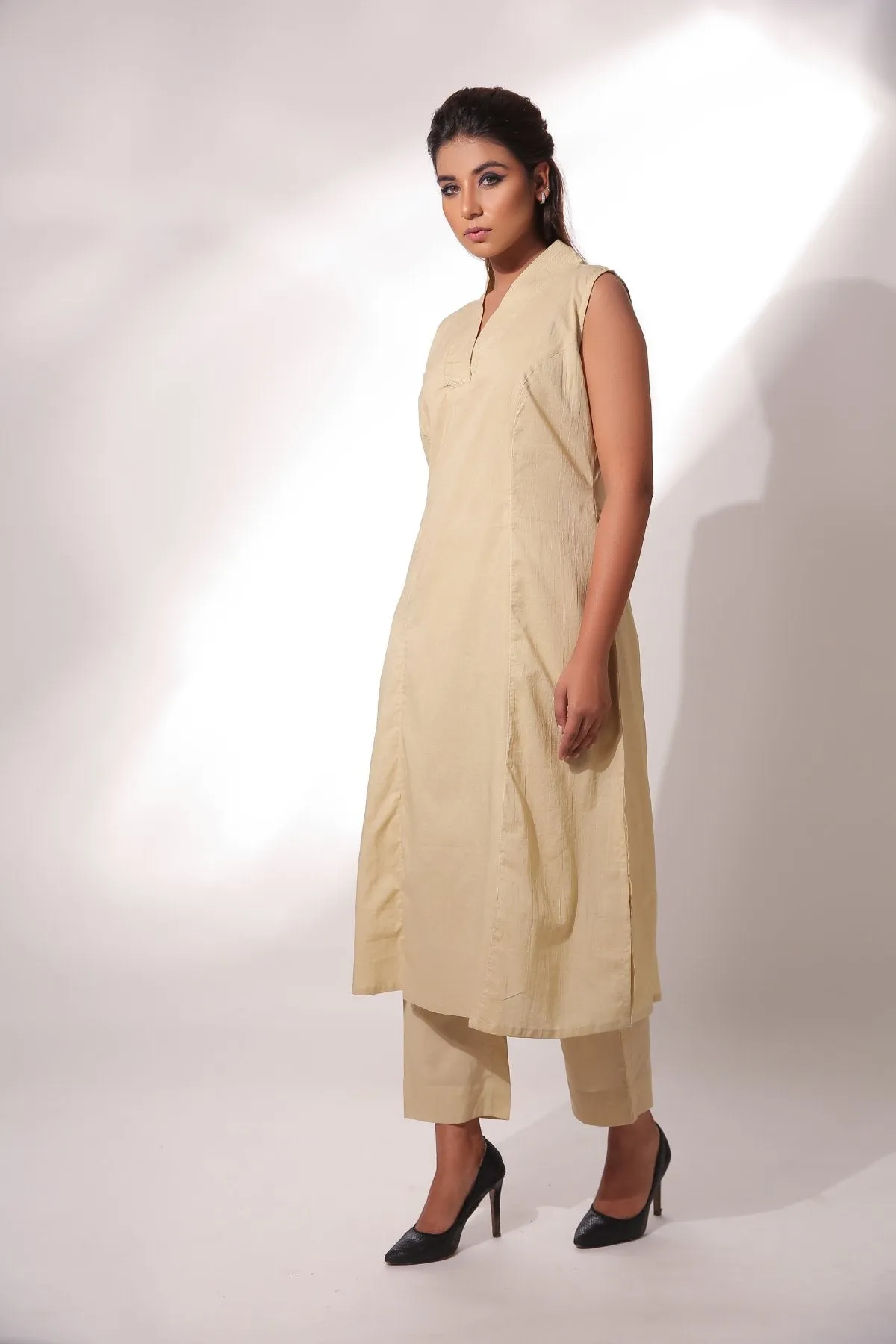 Cotton Kurta Pant Set With Block Printed Cape