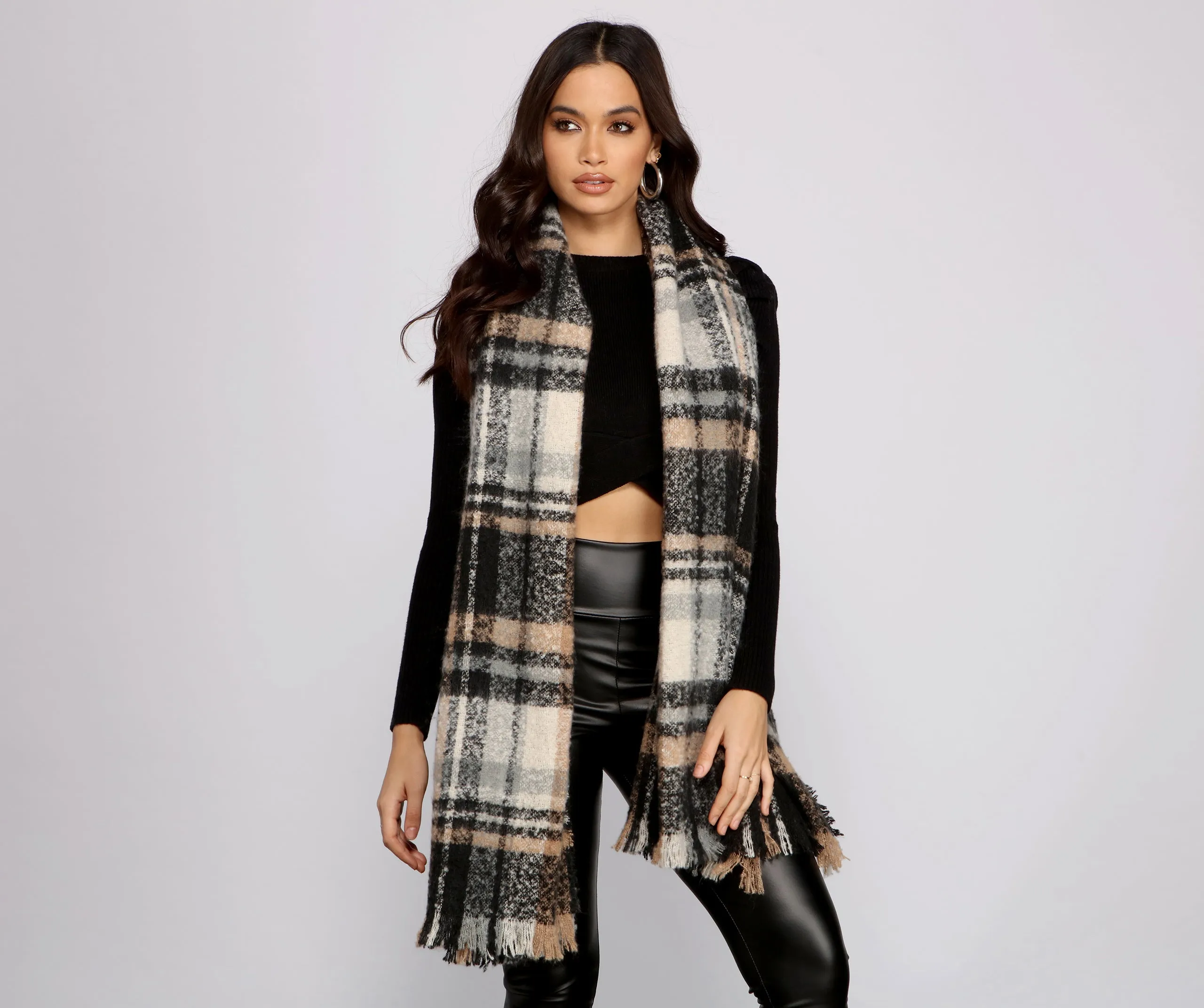 Cozy Plaid Frayed Blanket Scarf