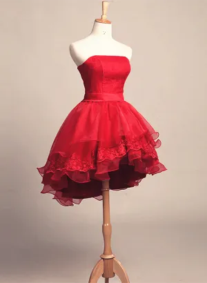 Cute Dark Red Tulle and Lace High Low Homecoming Dress, Short Party Dress