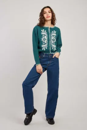 Dalila Embroidered Cardigan  - Teal