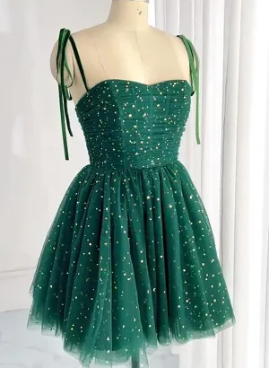 Dark Green Sweetheart Tulle Short Party Dress, Green Homecoming Dress Formal Dress