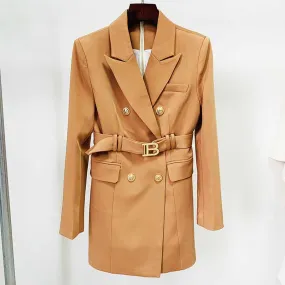 Double Breasted Lion Button Blazer Jacket Womens Camel Coat with Belt Outerwear