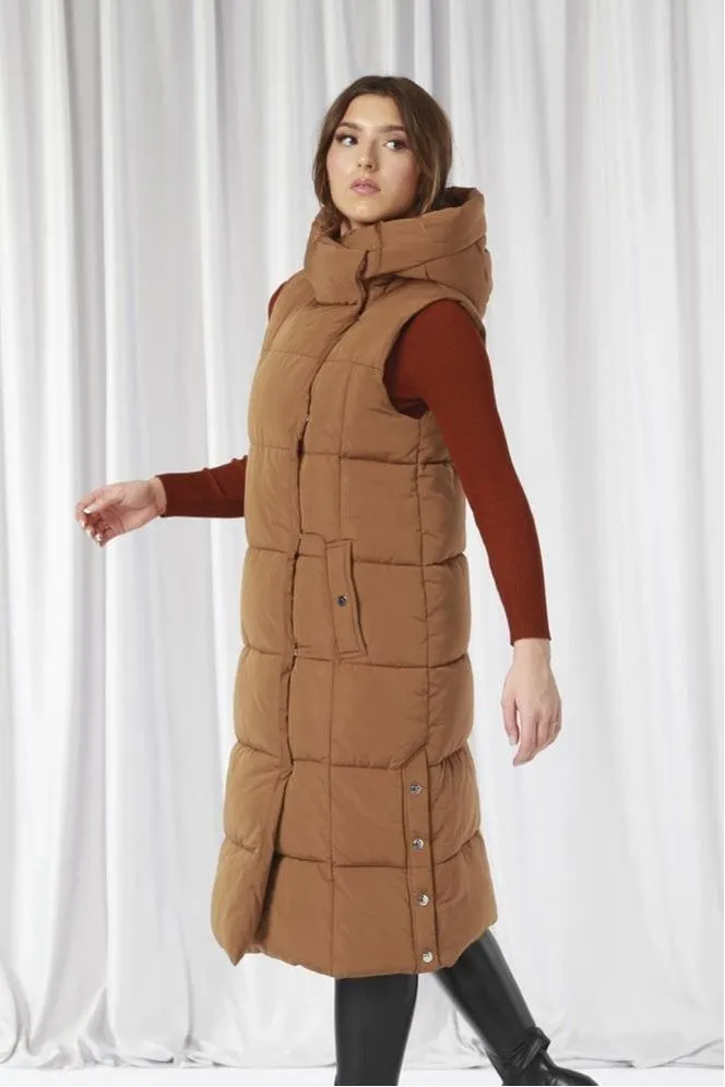 Double Second Camel Long Lux Wrap Gilet Puffer