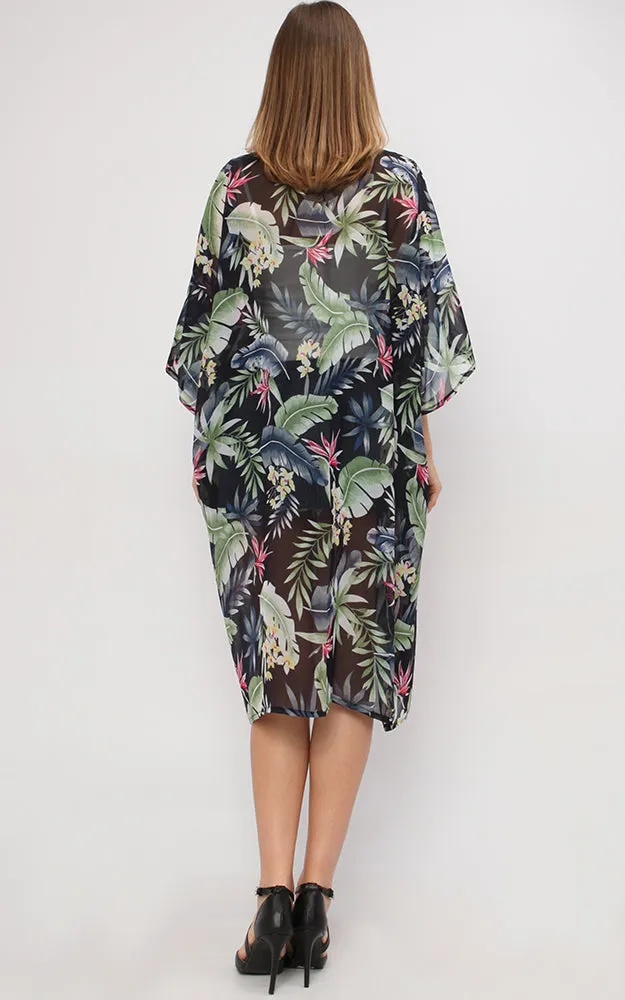 EAC9269 Tropical Print Chiffon Kimono