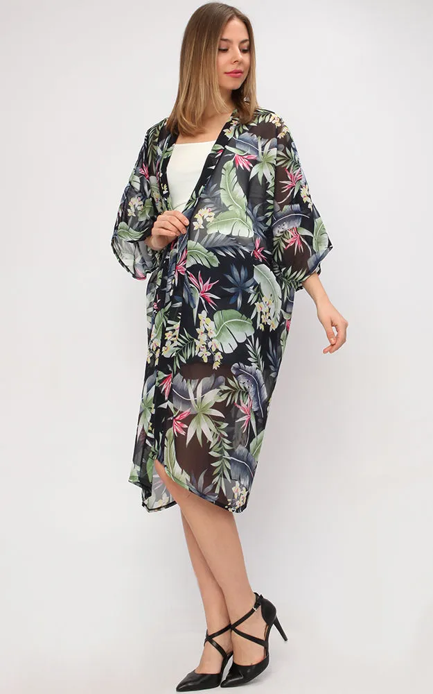 EAC9269 Tropical Print Chiffon Kimono