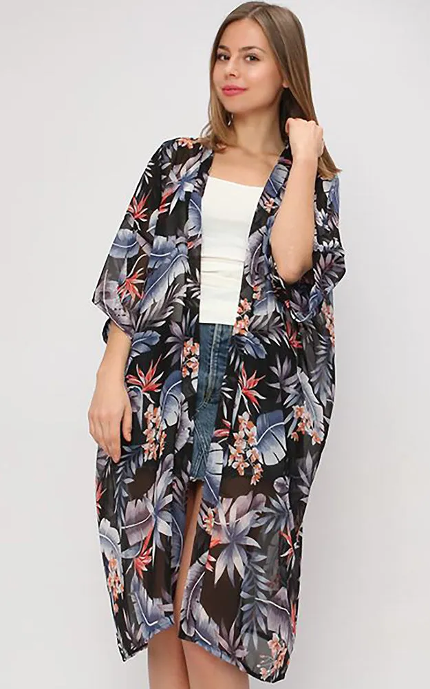 EAC9269 Tropical Print Chiffon Kimono