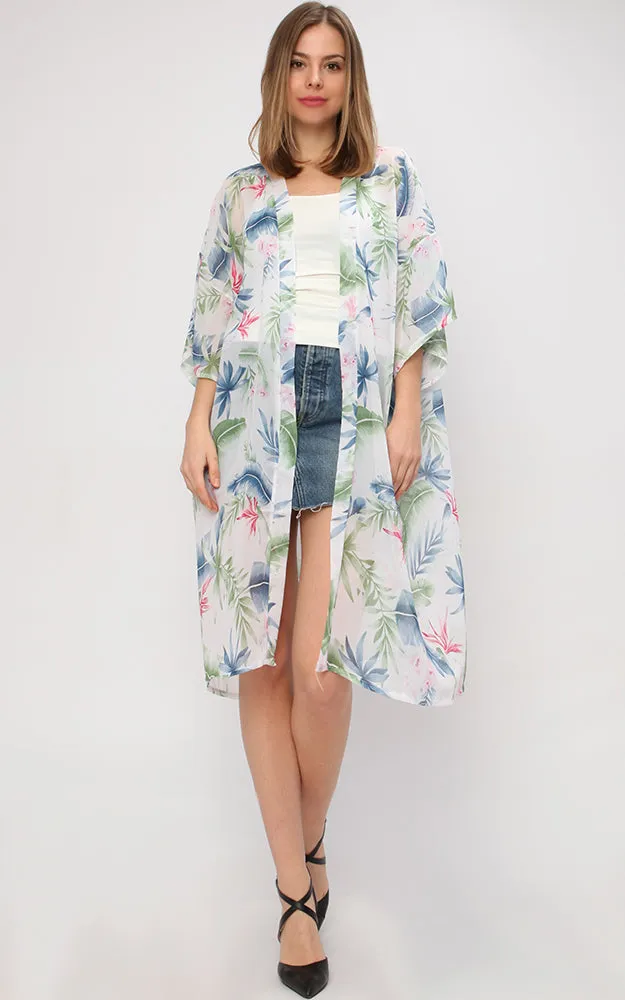 EAC9269 Tropical Print Chiffon Kimono