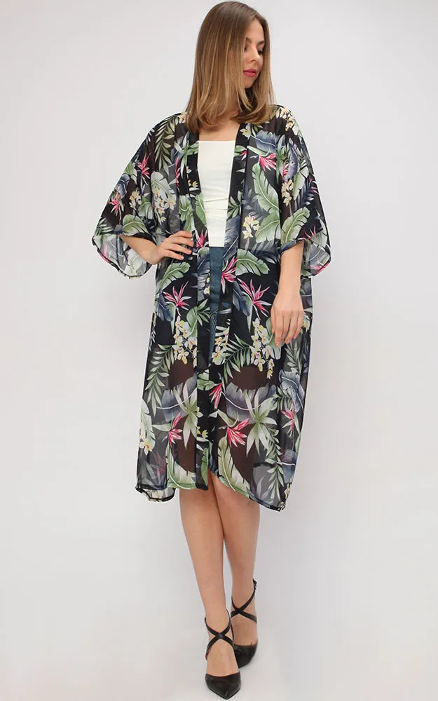 EAC9269 Tropical Print Chiffon Kimono