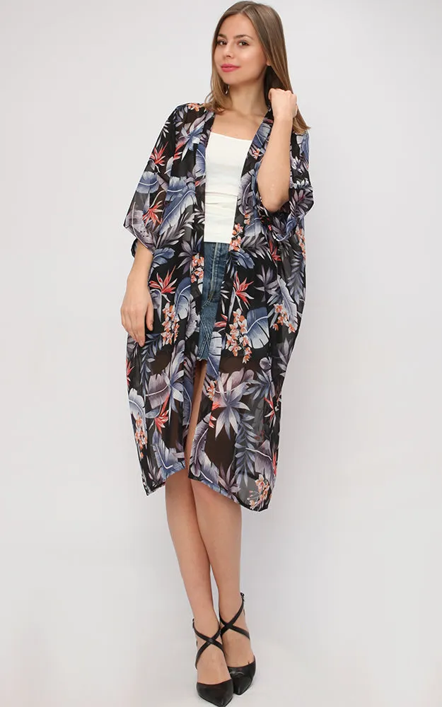 EAC9269 Tropical Print Chiffon Kimono