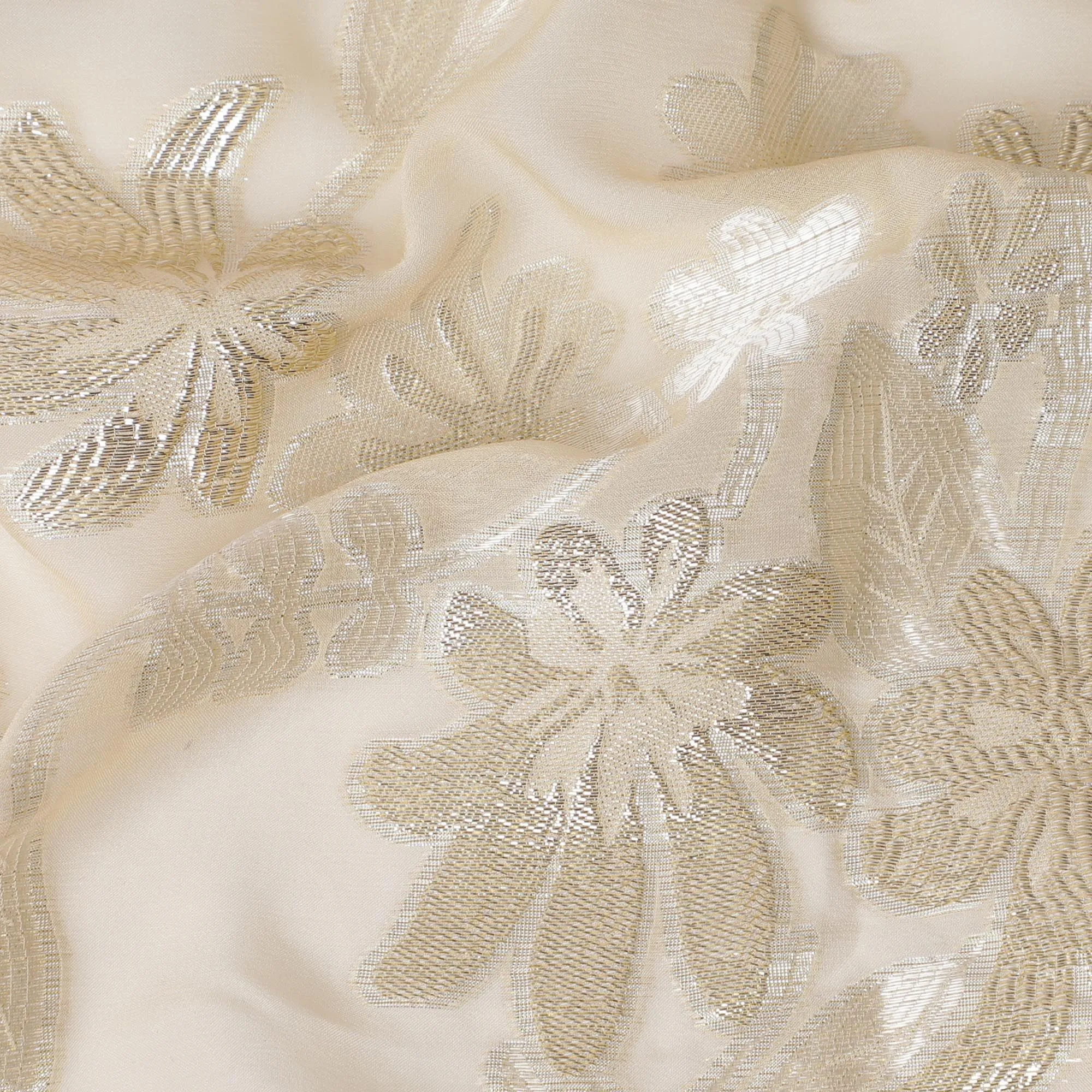 Elegant Metallic Lurex Silk Chiffon Fabric, 110cm Wide – Luxurious Gold Floral Design-D18380