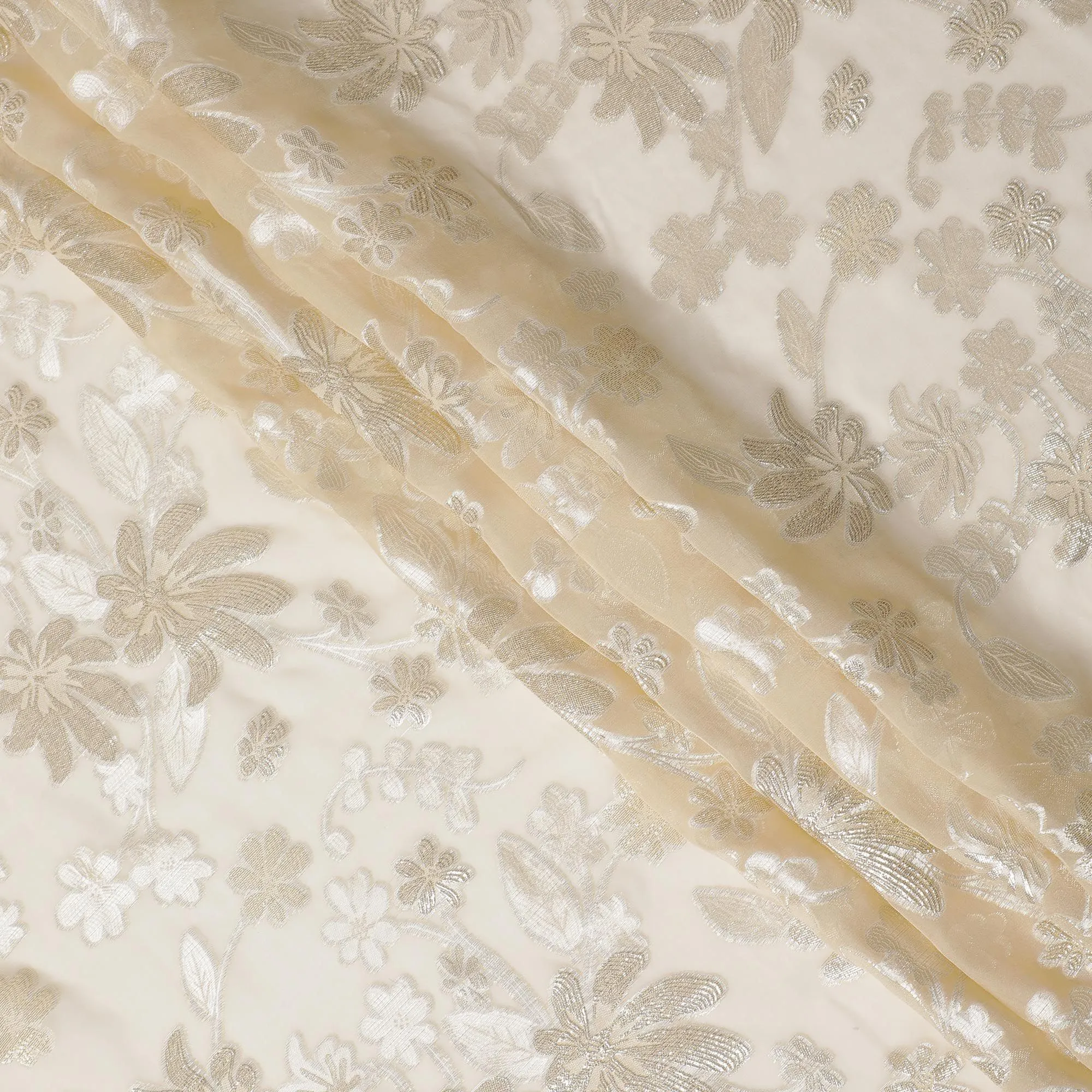 Elegant Metallic Lurex Silk Chiffon Fabric, 110cm Wide – Luxurious Gold Floral Design-D18380