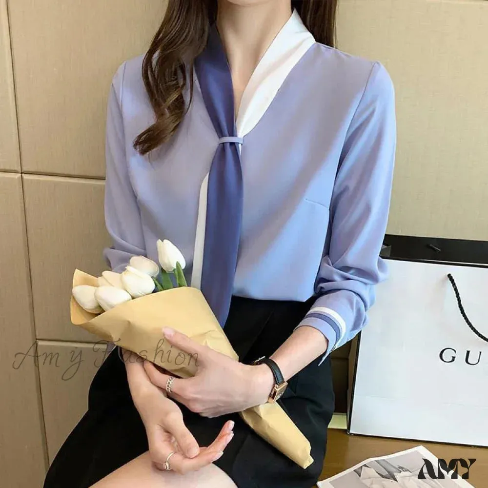 Elegant Scarf Collar Beading Spring Autumn Casual Tops Blouse