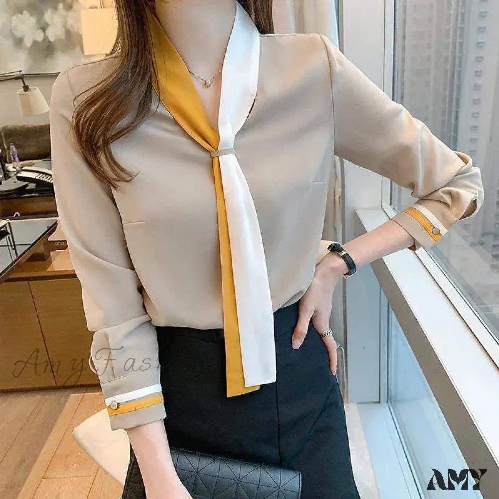 Elegant Scarf Collar Beading Spring Autumn Casual Tops Blouse