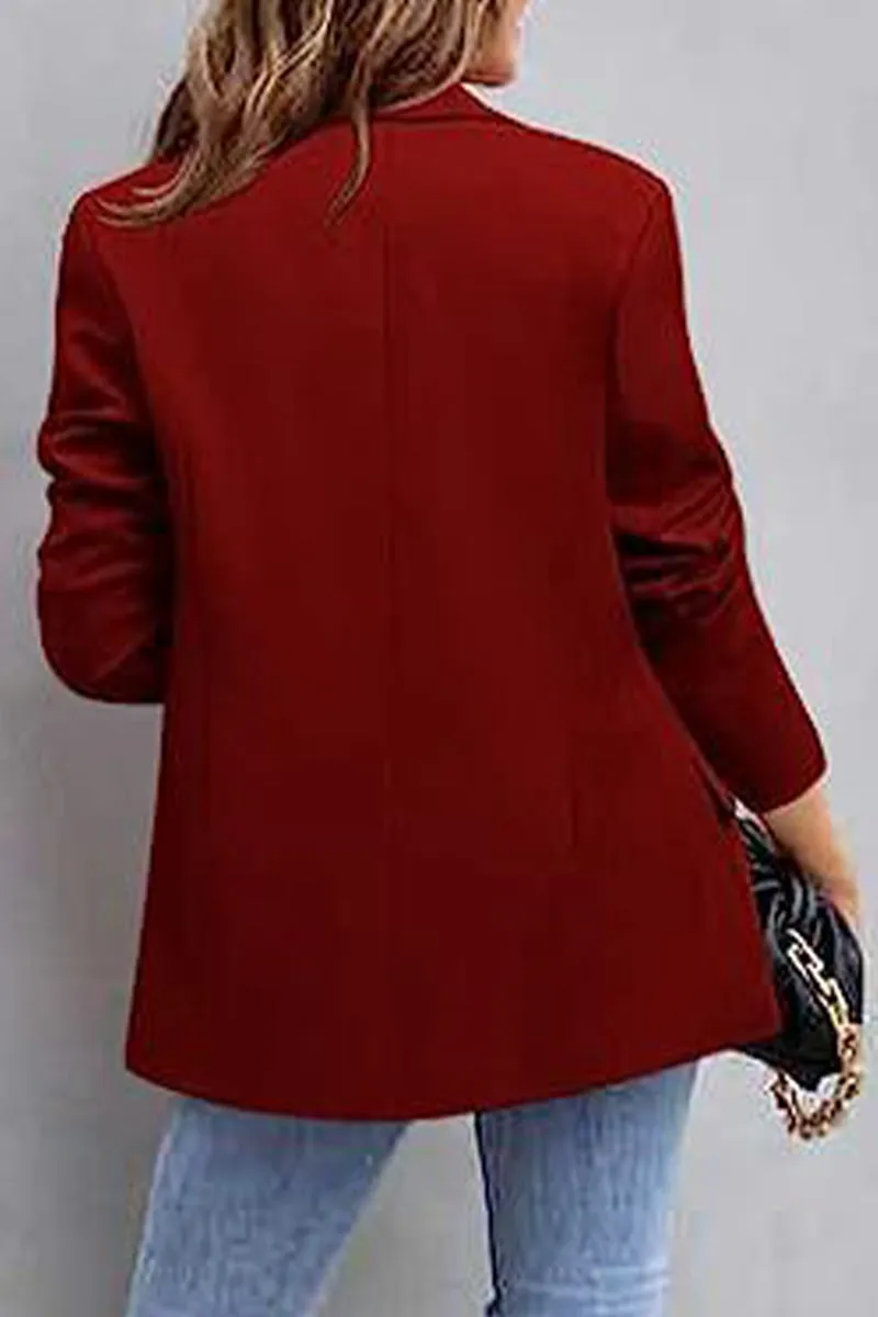 Elegant Solid Pocket Turn-back Collar Outerwear