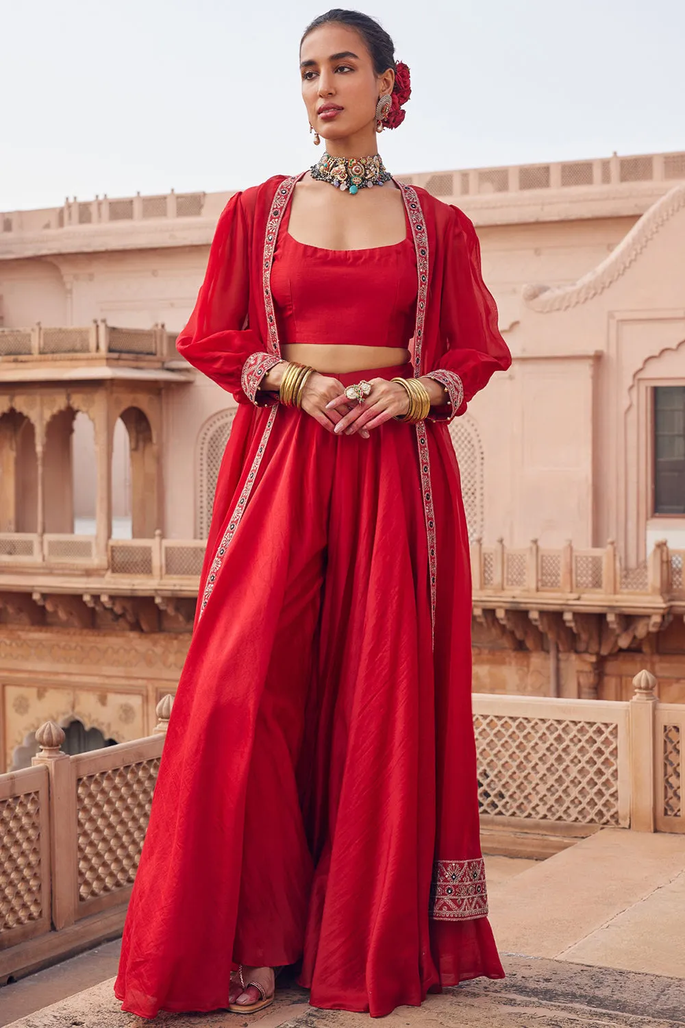 Embroidered Red Silk Organza & Chanderi Silk Co-Ord Set