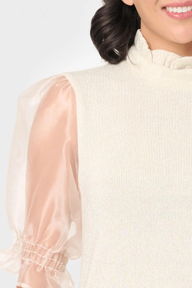 Feminine Ruffle Top with Organza Puff Elbow Sleeve