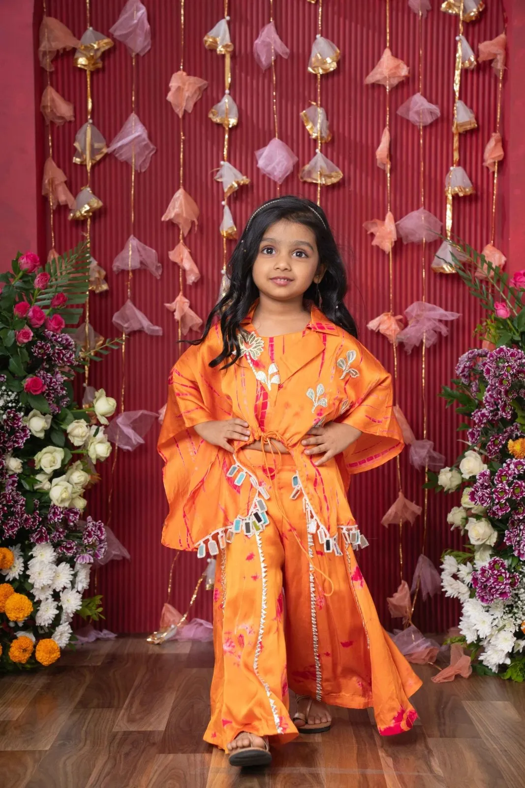 Festive Orange Tie-Dye Cape Top and Flared Palazzo Set for Kids