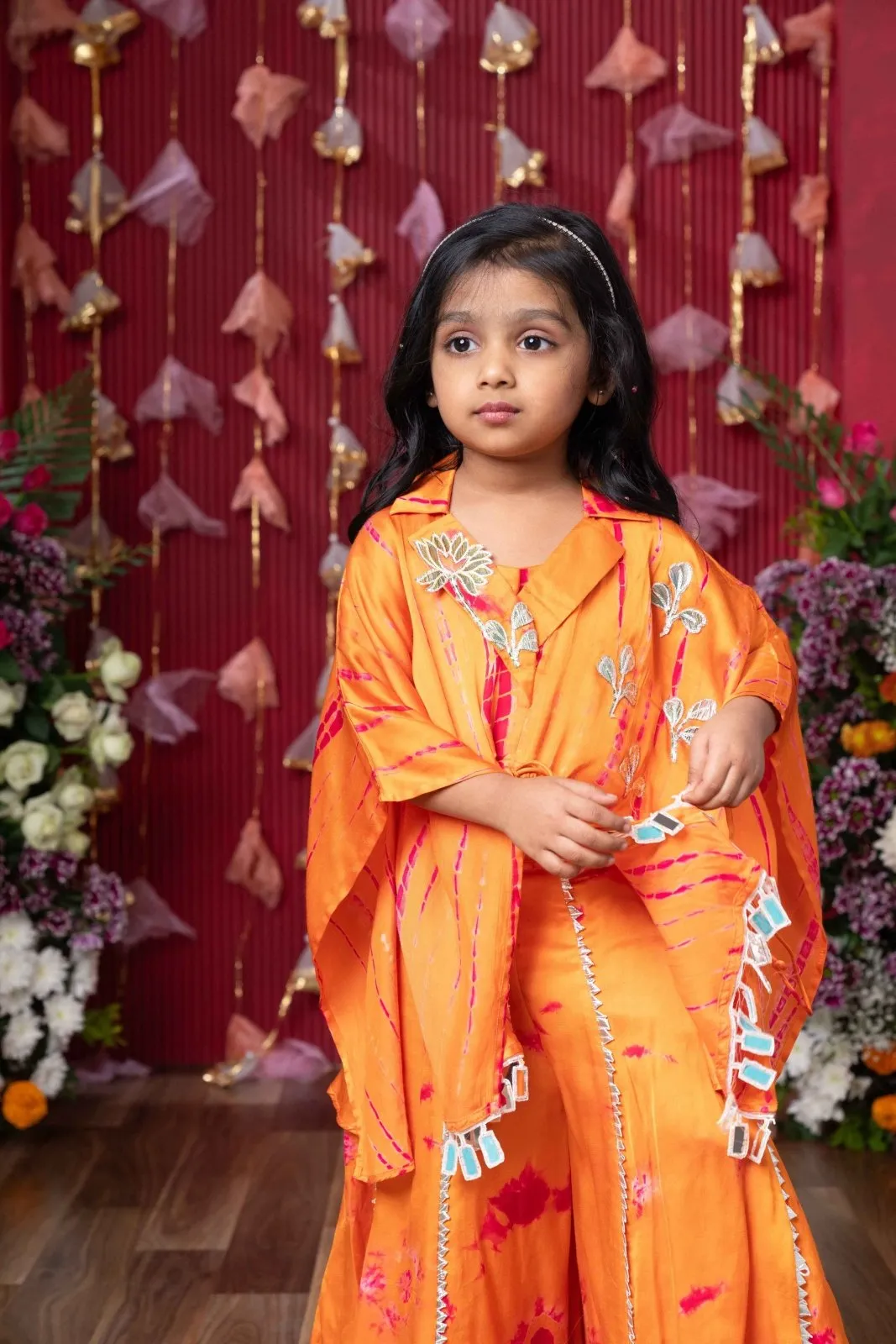 Festive Orange Tie-Dye Cape Top and Flared Palazzo Set for Kids