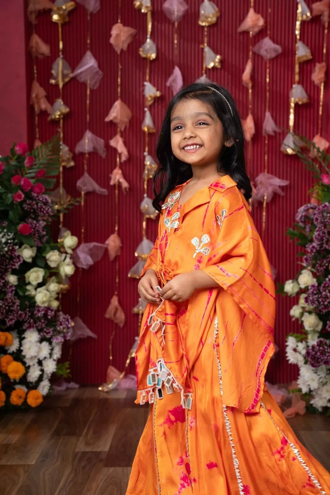 Festive Orange Tie-Dye Cape Top and Flared Palazzo Set for Kids