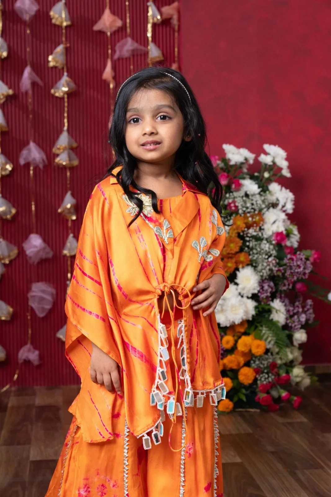 Festive Orange Tie-Dye Cape Top and Flared Palazzo Set for Kids