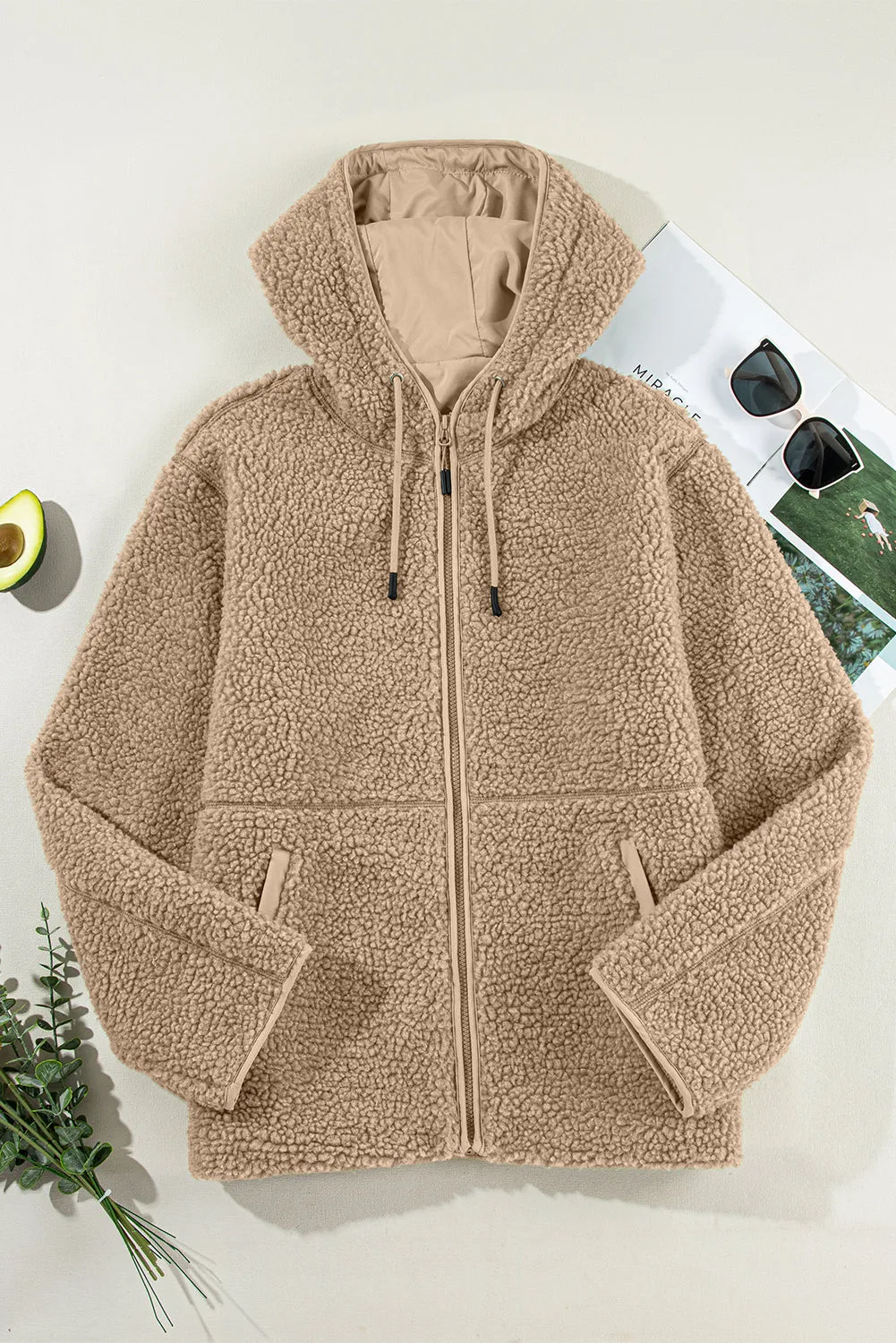 Fleece Zip Up Drawstring Hooded Pocketed Jacket