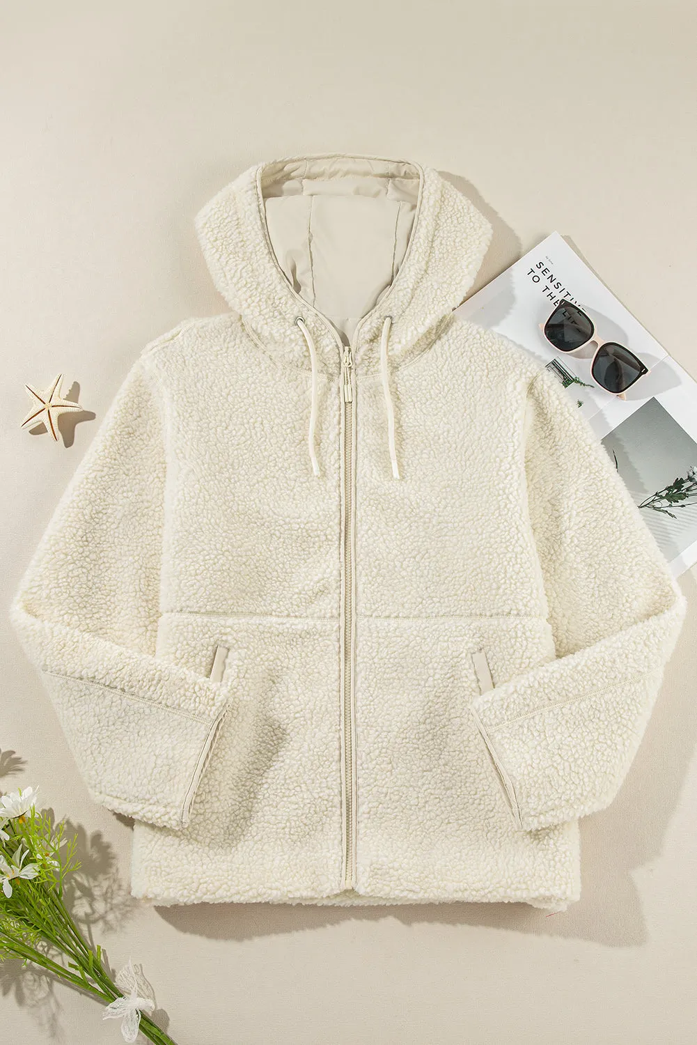 Fleece Zip Up Drawstring Hooded Pocketed Jacket