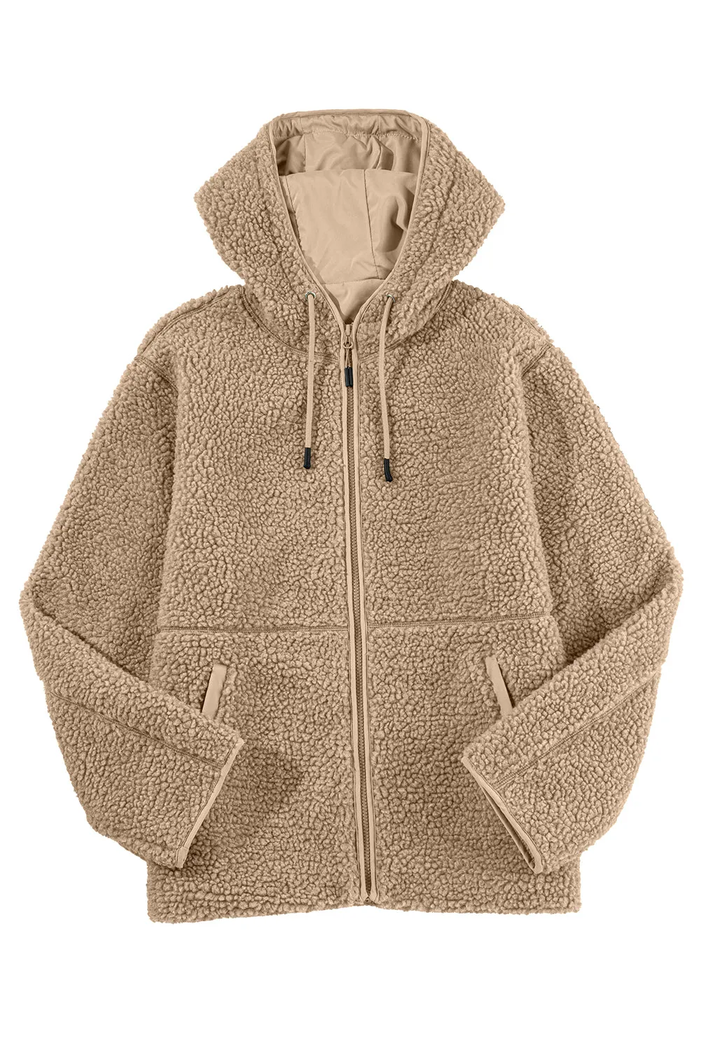 Fleece Zip Up Drawstring Hooded Pocketed Jacket