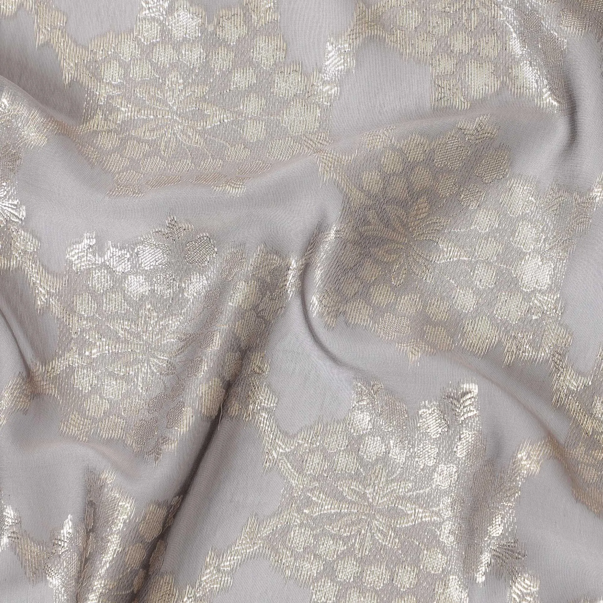 Flint grey premium pure silk chiffon fabric with gold metallic lurex in fancy design-D10151