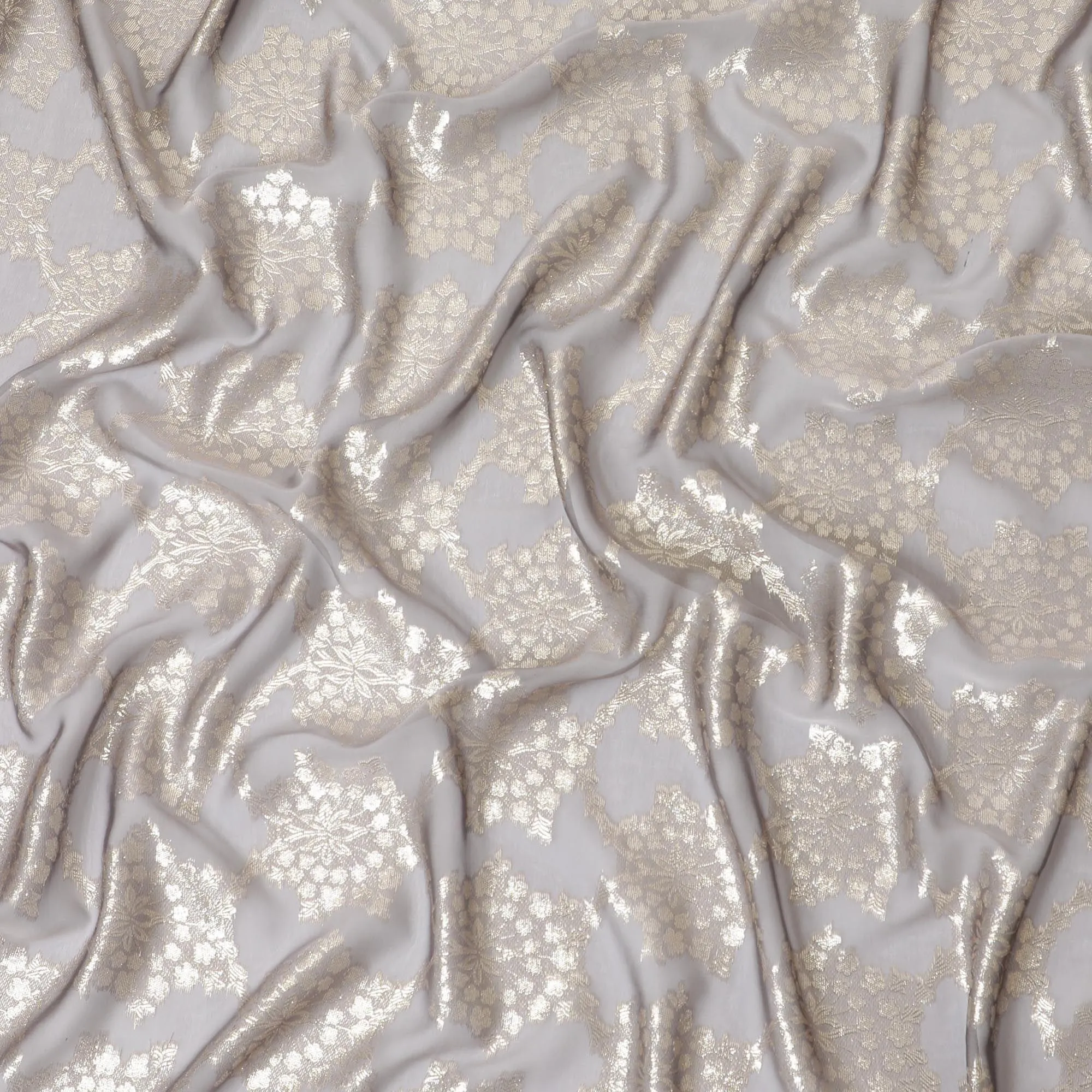 Flint grey premium pure silk chiffon fabric with gold metallic lurex in fancy design-D10151