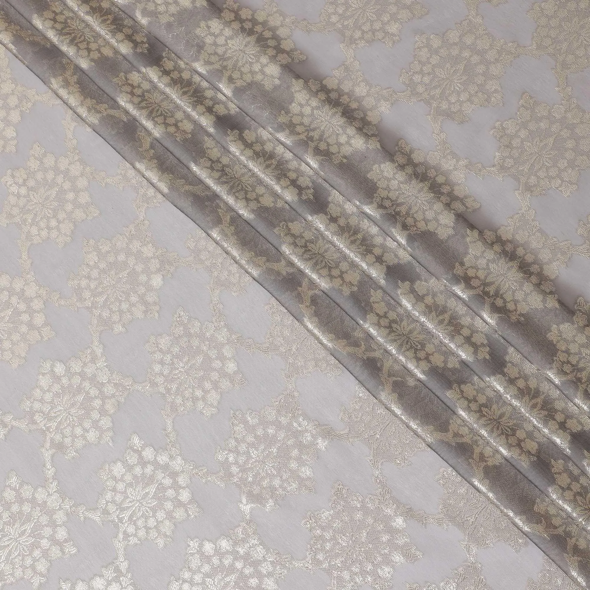 Flint grey premium pure silk chiffon fabric with gold metallic lurex in fancy design-D10151