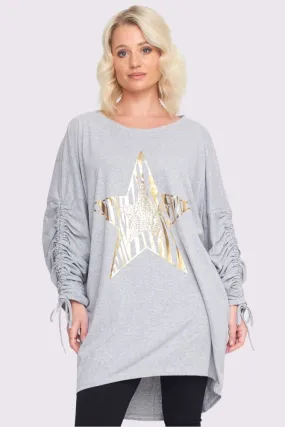 Foil Star Pattern Ruched Sleeve DipHem Oversized Cotton Top