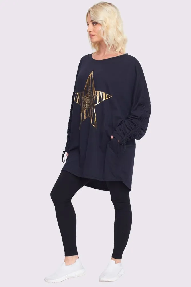 Foil Star Pattern Ruched Sleeve DipHem Oversized Cotton Top