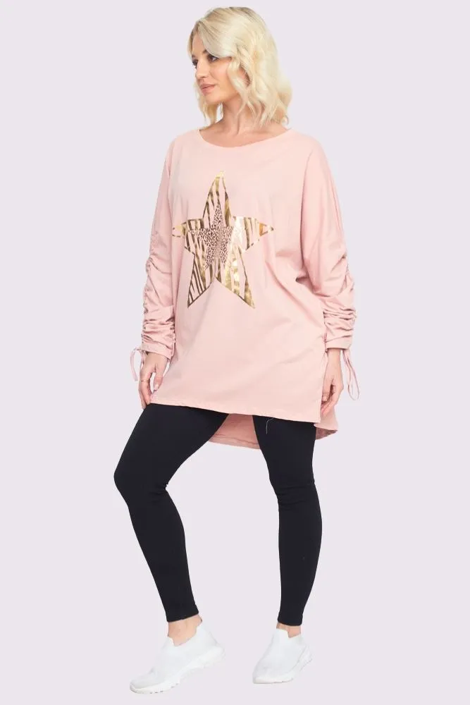 Foil Star Pattern Ruched Sleeve DipHem Oversized Cotton Top